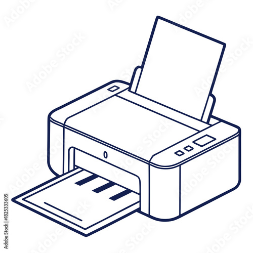 Modern inkjet printer with paper input and output tray in a clean isometric line art style