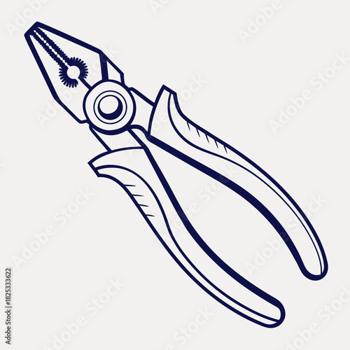 A simple clean and modern line art illustration of a pair of dark blue combination pliers isolated on a light neutral background with plenty of copy space for design elements