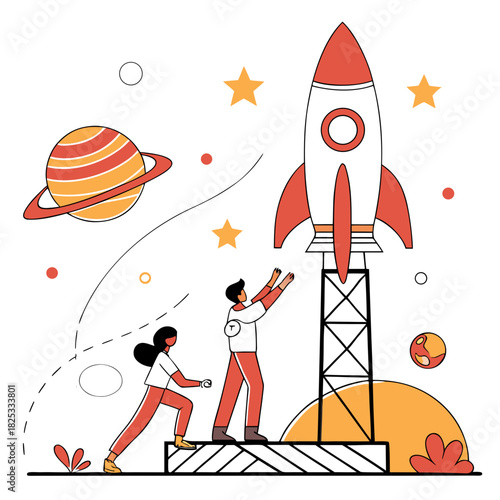 Two people preparing for a rocket launch into space with planets and stars in the background representing a new beginning and exploration