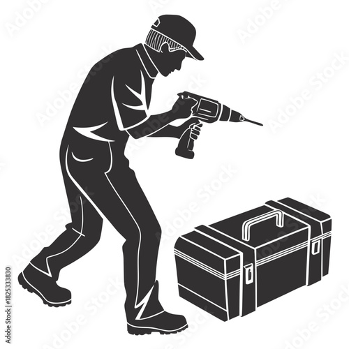 Skilled tradesman silhouette wearing cap and overalls holding a power drill next to a toolbox ready for work and repairs