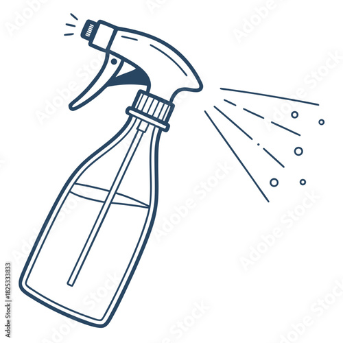 A simple line art illustration of a dark blue spray bottle with liquid inside spraying a fine mist of droplets and lines against a white background