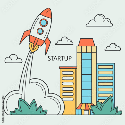A stylized cartoon rocket launching into the sky above a city skyline with buildings and clouds symbolizing business growth and new ventures