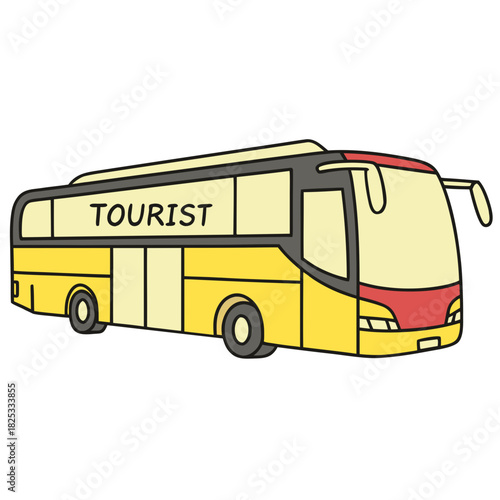 A simple cartoon illustration of a yellow tourist bus with the word tourist written on its side perfect for travel and transportation themes