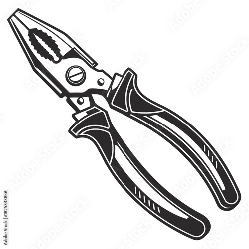 A detailed black and white illustration of a pair of combination pliers with a white background showcasing their industrial design and functionality