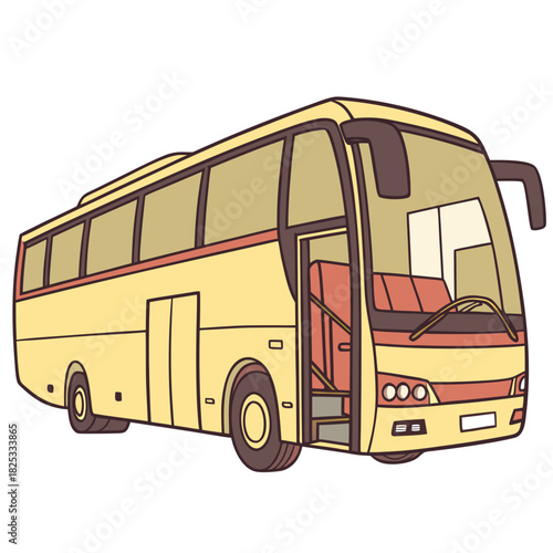 A cheerful cartoon illustration of a yellow passenger bus with its door open showcasing the interior seats and steps perfect for travel and transportation themes