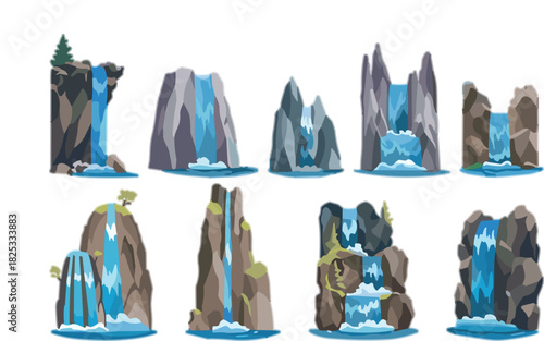 Waterfall illustration set, rock formations, cascading water, nature elements, landscape design, vector graphic, bold, minimal, scenic, art