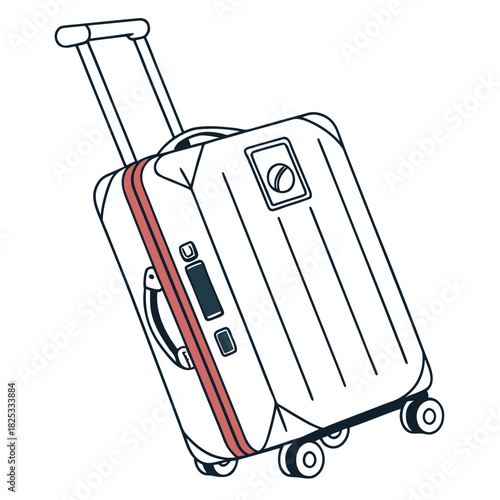 Modern rolling suitcase with retractable handle and wheels featuring a distinctive red stripe and minimalist line art style perfect for travel and vacation themes