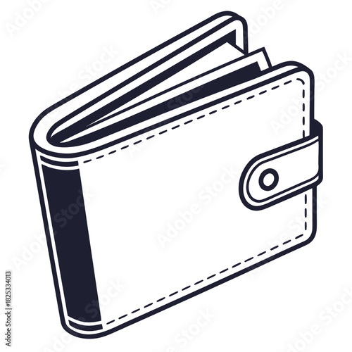 Simple black and white line art illustration of a closed bifold wallet with a snap closure and visible paper inserts isolated on a white background
