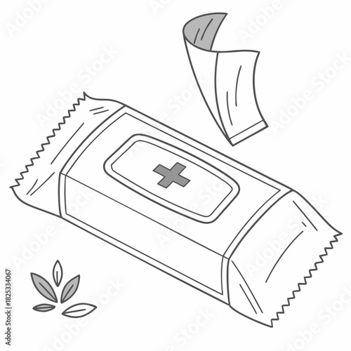 A single individually wrapped antiseptic wipe with a medical cross symbol on its packaging ready for use with a small cluster of leaves nearby