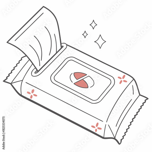 A cute illustration of a package of wet wipes with one wipe pulled out and sparkling stars indicating cleanliness and freshness