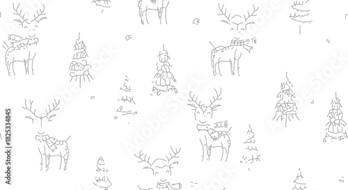 Hand drawn reindeer and christmas trees seamless pattern.