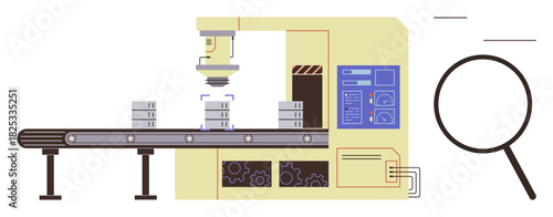 Industrial machine scanning packages on conveyor belt next to magnifying glass, emphasizing quality control. Ideal for manufacturing, automation, technology, inspection, quality assurance, industry