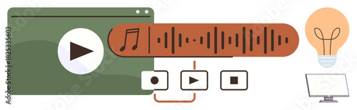 Media player with play button, audio waveform, music icon, playback controls, light bulb, and monitor. Ideal for creativity, learning, innovation media production technology teamwork