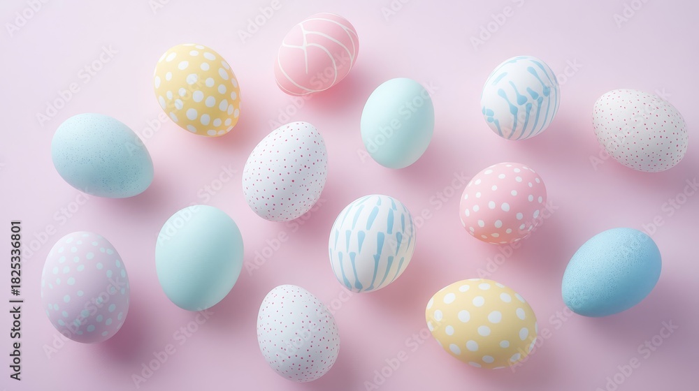 Fototapeta premium Architectural flat lay composition featuring egg-shaped negative space revealing colorful decorated Easter eggs beneath white top layer, artful arrangement of spherical forms, seasonal pastel