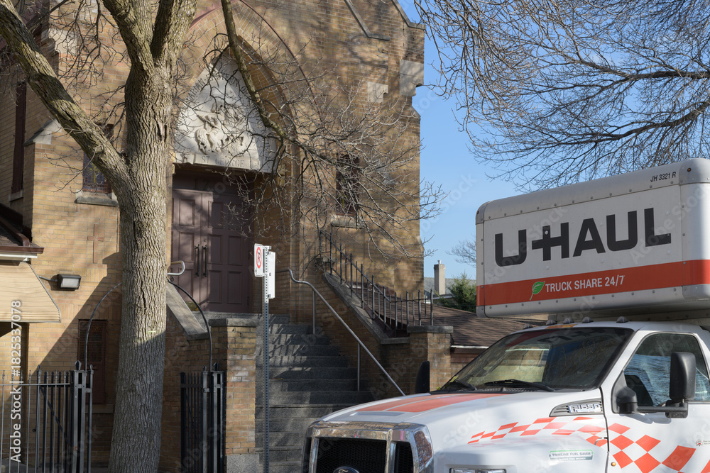 Fototapeta premium U-Haul van outside St. George's Macedonian Bulgarian Eastern Orthodox Church at 17 Regent St, Toronto