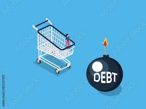 Consumer Debt Crisis and Financial Risk Represented by Shopping Cart and Bomb 3d isometric vector illustration