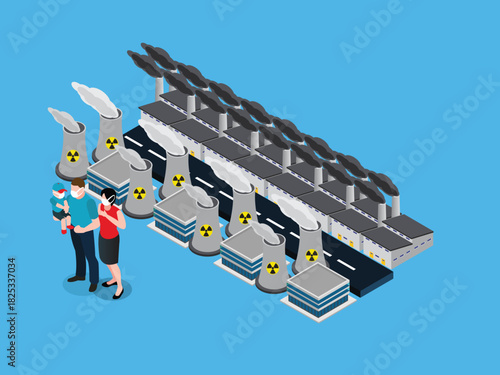 Family Wearing Masks Near Polluting Nuclear and Industrial Factories 3d isometric vector illustration