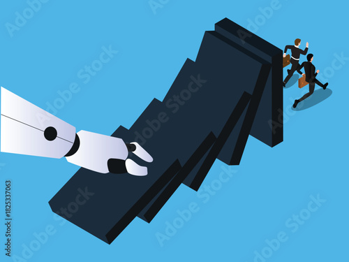 Robot Hand Pushing Dominoes, Forcing Businessmen to Run from Automation 3d isometric vector illustration