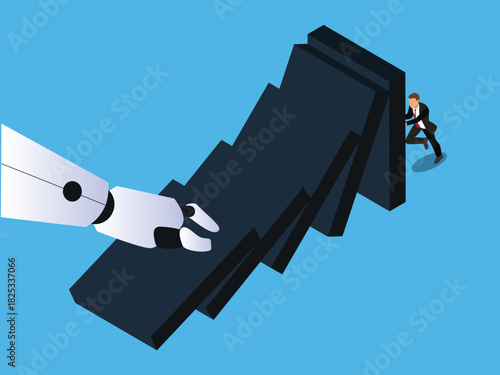 Businessman Resisting the Domino Effect of Automation and Technology 3d isometric vector illustration