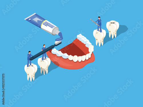 Dental Hygiene Team Brushing Teeth with Giant Toothpaste and Toothbrush 3d isometric vector illustration