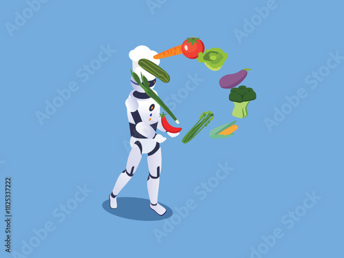 AI Chef Robot Cooking and Handling Fresh Vegetables 3d isometric vector illustration