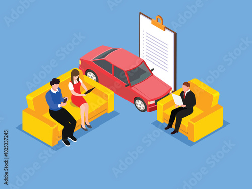 Car Insurance, Auto Loan, and Sales Consultation 3d isometric vector illustration