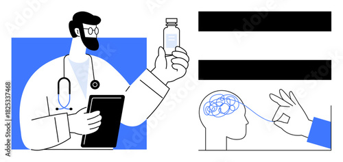 Doctor holding tablet and vial hand symbolizing mental therapy using thread and brain illustration. Ideal for healthcare, medicine, mental health, neurology, innovation, therapy, wellness. Simple