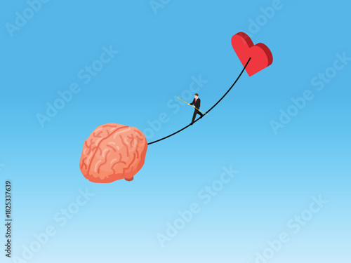 Balance Between Logic and Emotion: Brain and Heart 3d isometric vector illustration