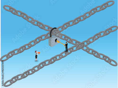 Freedom, Breaking Chains, and Unlocking Opportunity 3d isometric vector illustration