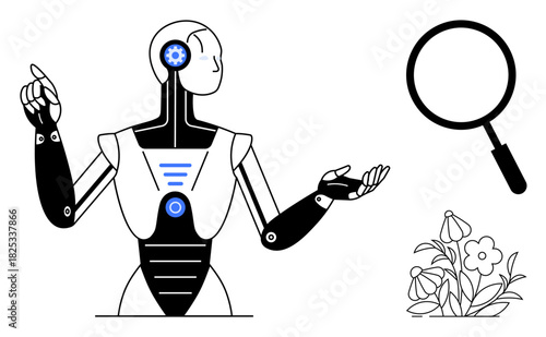 Humanoid robot with advanced sensors gestures near a magnifying glass and blooming plants. Ideal for technology, AI, innovation, research, nature, sustainability, futuristic progress, simple flat