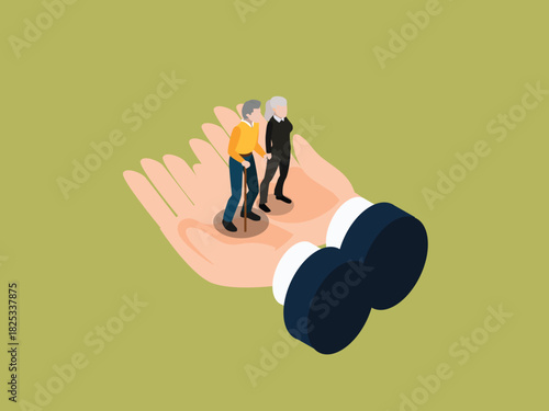 Elderly Care, Insurance, and Pension Security. Senior Couple Standing on a Large Hand Providing Support 3d isometric vector illustration