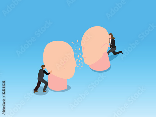 Conflict, Disagreement, and Communication Breakdown. Business People Causing Two Giant Heads to Break Apart 3d isometric vector illustration