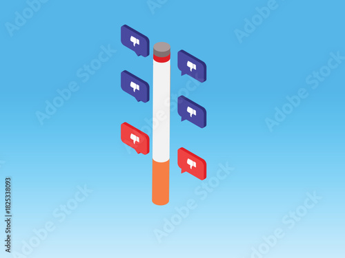 Social Media Debate on Smoking and Health Risks. Cigarette with Like and Dislike Notification Icons 3d isometric vector illustration