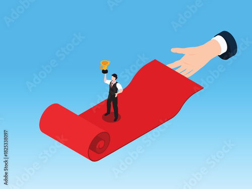 Recognition, Achievement, and Success. Businessman Holding a Trophy on a Red Carpet with a Large Supporting Hand 3d isometric vector illustration