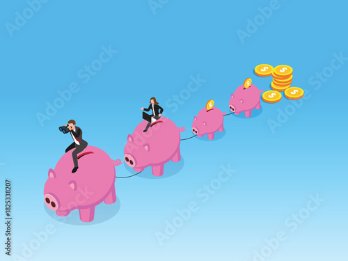 Investment Strategy and Savings Growth. Business People Riding a Line of Piggy Banks Towards a Stack of Money 3d isometric vector illustration