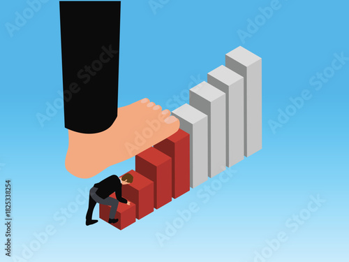 Giant Foot Blocking Businessman from Climbing Bar Chart of Growth and Success 3d isometric vector illustration