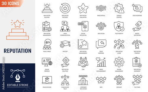 Reputation icon set. trust, brand, perception, credibility, and more. Editable stroke. Vector illustration