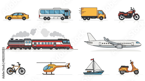 Diverse Transportation Icons Taxi, Bus, Truck, Train, Airplane & More