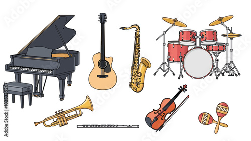 Collection of Musical Instruments Piano, Guitar, Saxophone, Drums, Trumpet, Violin, Flute, Maracas