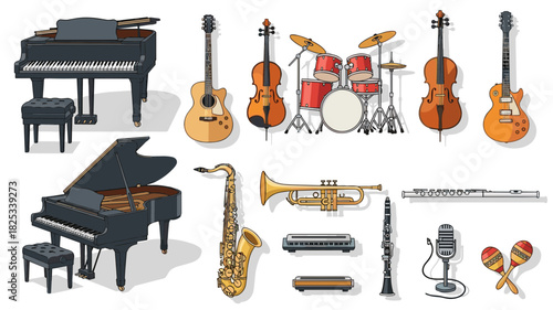 Diverse Musical Instruments Collection An Illustrated Set of Acoustic, Electric, and Orchestral Equipment for Music Enthusiasts