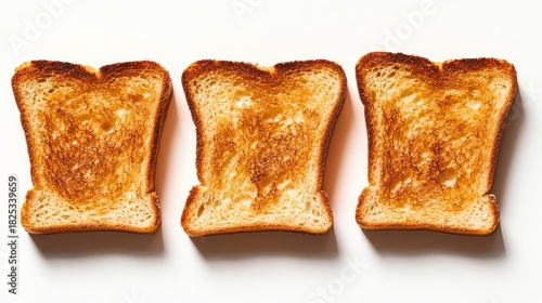 Three perfectly toasted bread slices arranged in elegant row on pure white background, golden-brown edges with visible texture, soft shadows beneath each slice, crisp even toasting marks, ultra-high