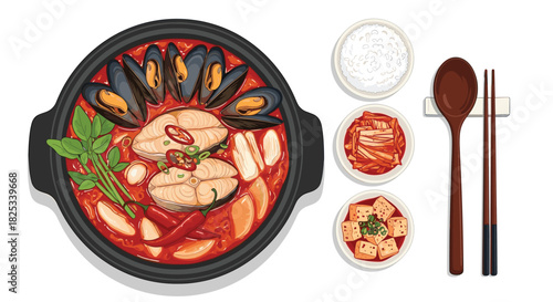 A traditional Korean seafood stew, Haemul Jjigae, served with rice and banchan side dishes like kimchi and seasoned tofu.