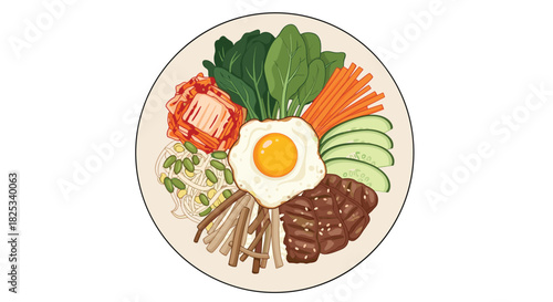 A top-down view of a colorful and traditional Korean Bibimbap bowl with mixed rice, assorted vegetables, beef, and a fried egg.