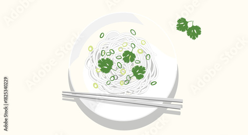 A minimalist and elegant top-down illustration of a bowl of white rice noodles garnished with fresh cilantro and green onions.