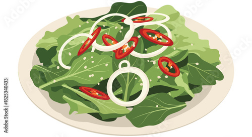 A fresh and simple green leafy salad topped with crisp white onion rings and slices of spicy red chili peppers on a plate.