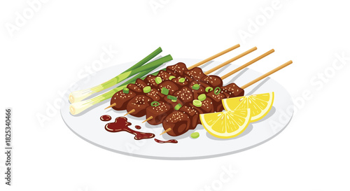 A delicious plate of grilled Asian meat skewers, or satay, garnished with sesame seeds and served with soy sauce and lemon.