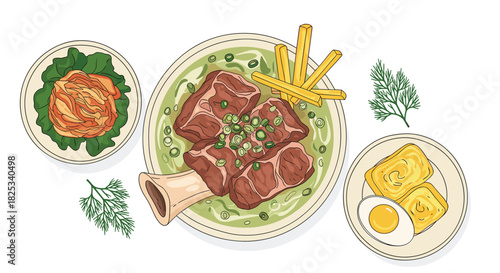 A hand-drawn illustration of a nourishing Korean oxtail soup, Kkori Gomtang, served with kimchi and egg roll side dishes.