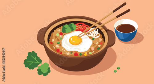 A delicious serving of Asian clay pot fried rice topped with a perfect sunny-side-up egg, served with sauce and chopsticks.