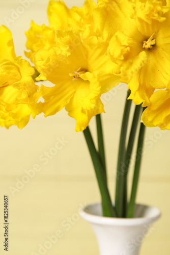 Wallpaper Mural Vase with narcissus flowers on yellow wooden background, closeup Torontodigital.ca