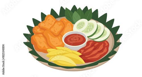 A platter of crispy chicken nuggets served with fresh mango slices, cucumber, and a spicy dipping sauce on a decorative plate.